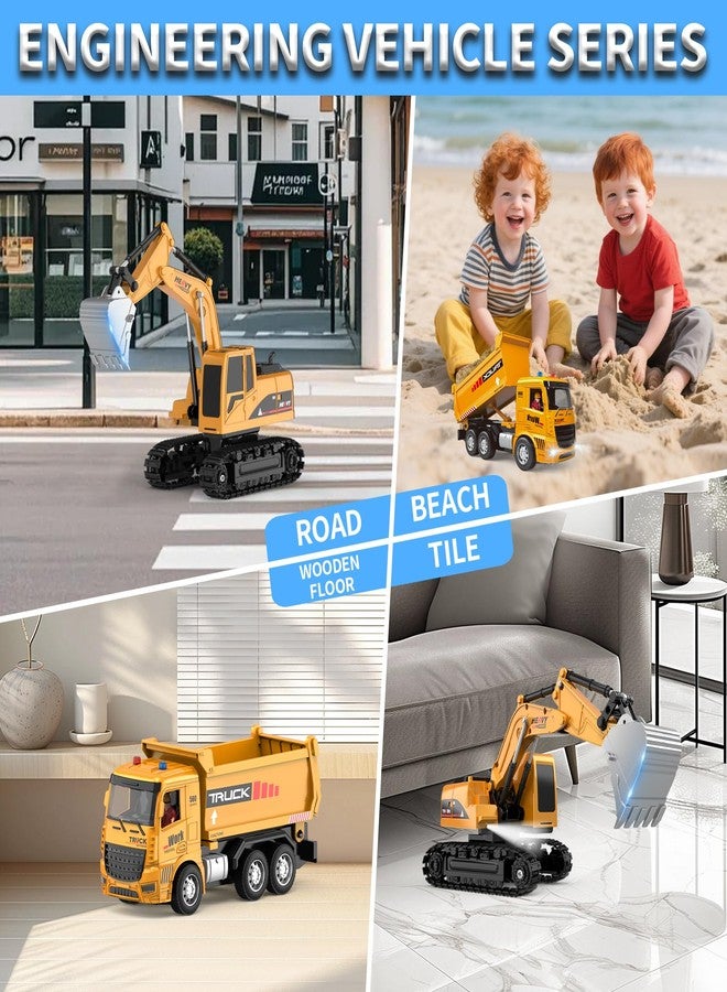 MQDMINI Remote Control Excavator and Dump Truck Toy Set - RC Construction Vehicles Toy with Barricades, Road Signs, Simulated Rocks, Lights and Sounds, Present for Toddlers 3-12 Year Boys Girls - Image 3